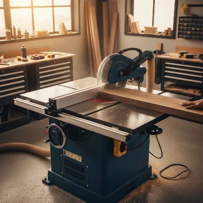 A cabinet table saw in a professional workshop, showcasing its heavy-duty cast iron top and enclosed base for precision woodworking tasks.