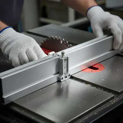 A close-up shot of a hand using a dial indicator mounted on a miter bar to check table saw fence alignment.