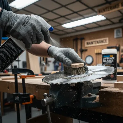 A woodworking technician cleaning a table saw blade with specialized cleaner and brush for longevity.