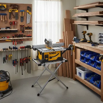 A compact portable table saw set up in a small, organized woodworking shop, surrounded by tools and wood stock.