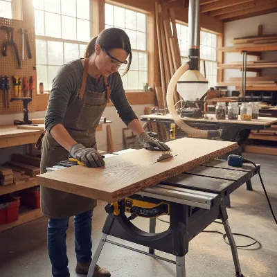 A carpenter precisely ripping a long wooden board on a cordless table saw in a modern workshop, sawdust collection visible, bright and focused lighting, realistic photo style