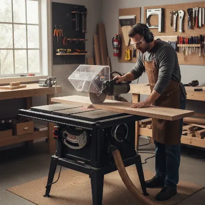 A Craftsman 10 inch table saw performing a rip cut on a piece of hardwood in a home workshop setting.