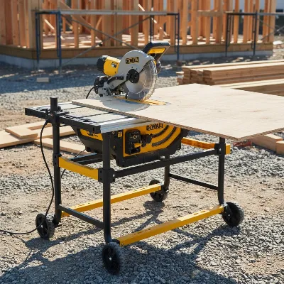 DeWalt 10-inch jobsite table saw on its rolling stand, showcasing portability and large rip capacity on a construction site.