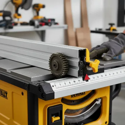 Close-up of the DeWalt 10-inch table saw's rack and pinion fence system, highlighting precision and ease of adjustment.