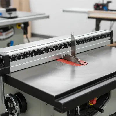 Detailed close-up of a hybrid table saw's key features: a robust fence system, a precision-ground cast-iron tabletop, and a visible riving knife behind the blade. The image highlights the quality craftsmanship and safety elements. Product photography style, well-lit.
