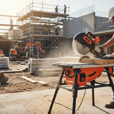 A jobsite table saw with a rolling stand being used on a construction site, emphasizing its portability and rugged design for professional builders.
