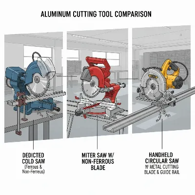 Various tools for cutting aluminum safely, including a cold saw and miter saw