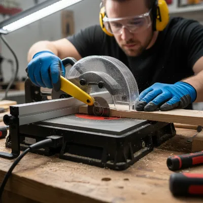 A person wearing safety glasses and ear protection using a push stick to guide a small piece of wood through a mini table saw, demonstrating safe operation.