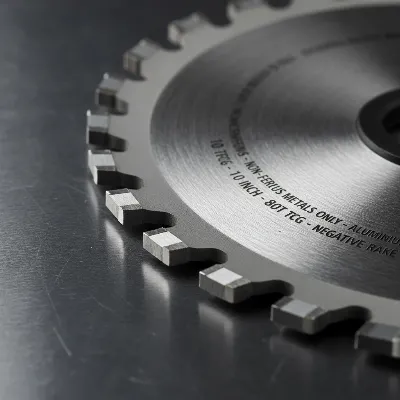 Close-up of a carbide-tipped non-ferrous metal blade with negative rake angle