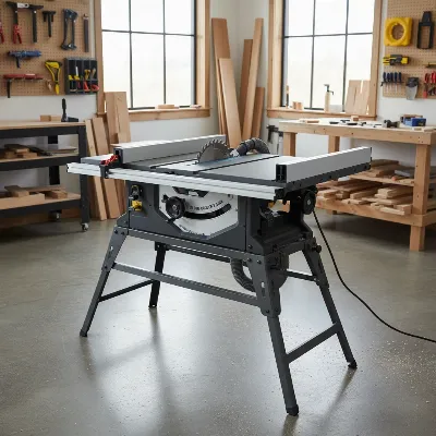 A portable table saw with its folding stand deployed in a workshop setting, showcasing its compact design and readiness for use.