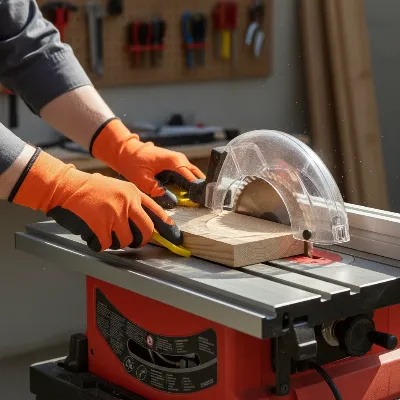 Worker safely operating a portable table saw