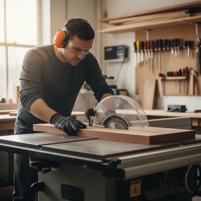Professional woodworker operating a heavy-duty cabinet table saw for precision cuts.