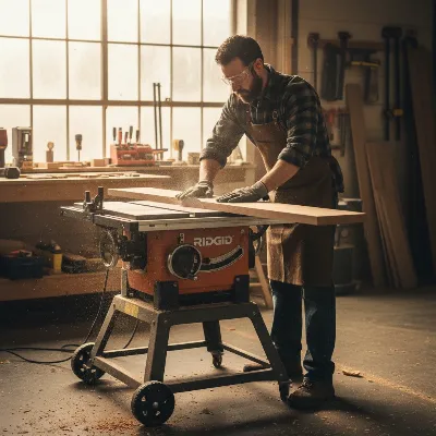 Ridgid 10 Inch Cast Iron Table Saw performing a rip cut in a small woodworking shop, highlighting its robust design and suitable for contractor work.