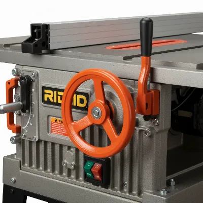 Close-up of the Ridgid 10 Inch Cast Iron Table Saw's control panel and blade adjustment wheel, highlighting its robust construction and user-friendly features.