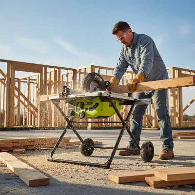 Ryobi 10-inch portable table saw with rolling stand on a construction job site, cutting wood planks.