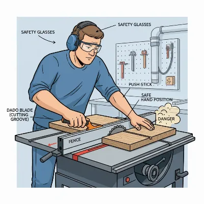 Woodworker wearing safety gear using a push stick on a table saw with a dado blade for a safe cut, with focus on safety protocols, instructional style illustration.