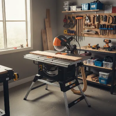 SawStop Compact Table Saw with optional stand in a small, organized workshop, highlighting its portability and functionality.