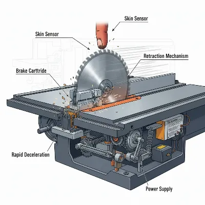 SawStop table saw blade activating its safety brake upon contact, showing the blade retracted beneath the table.