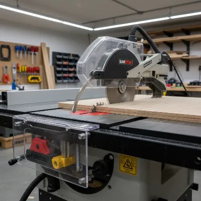SawStop cabinet table saw with advanced safety feature highlighted while cutting plywood