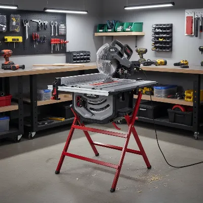 SKIL 10-inch table saw with folding stand in a workshop