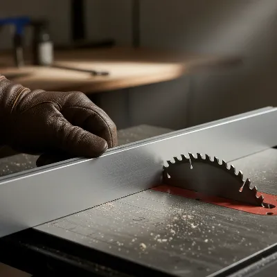 Close-up of a woodworker using a precision square to check table saw blade alignment for accuracy
