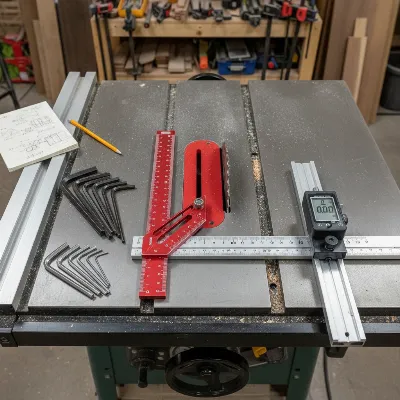 Essential tools for aligning a table saw fence, including a combination square, dial indicator, and wrenches.