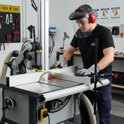 Table saw with non-ferrous blade, clamped aluminum, and PPE for safe cutting