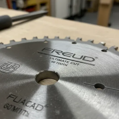 Close-up of a sparkling clean table saw blade with sharp, pristine carbide teeth