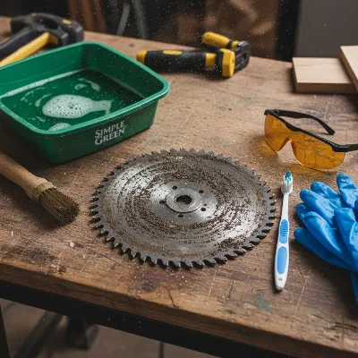 Essential cleaning supplies for DIY table saw blade maintenance, including solutions, brushes, and safety gear