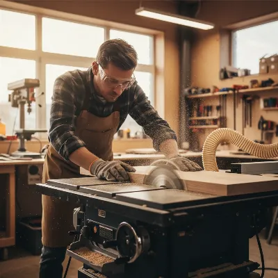 A skilled carpenter precisely cutting a dado groove on a modern table saw with a dado blade installed, sawdust visible, bright workshop setting, realistic photo style.