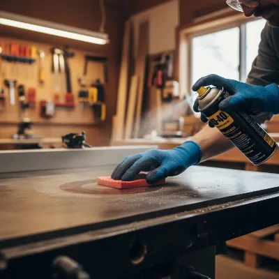 Woodworker cleaning light rust from a table saw top with WD-40 and a Scotch-Brite pad