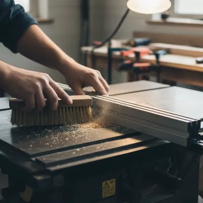 A person cleaning a table saw fence and table surface, emphasizing maintenance for accuracy.