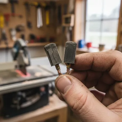 Hand inspecting worn carbon motor brushes from a table saw