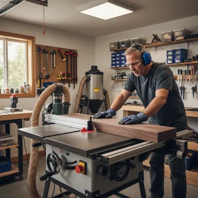 An experienced woodworker operating a hybrid table saw in a well-organized home garage workshop, performing a rip cut on a wooden board. The scene highlights precision and safety, with good lighting, dust collection, and safety gear worn by the user. Realistic, detailed.