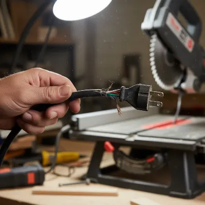 A close-up of a hand inspecting a table saw's power cord for damage, focusing on frayed sections near the plug.