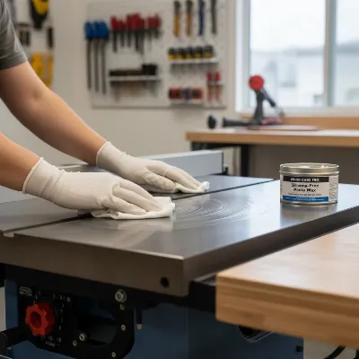 Woodworker applying silicone-free paste wax to a clean table saw top for rust prevention