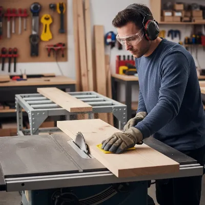 Woodworker demonstrating safe table saw cutting technique with push stick and proper stance