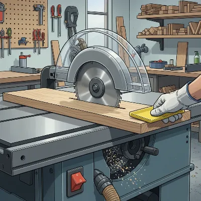 Essential table saw safety devices like a riving knife, push stick, and blade guard in use