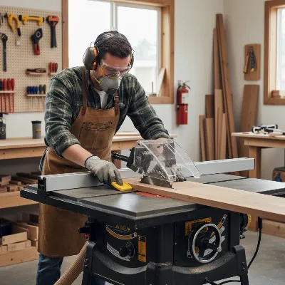 Woodworker wearing safety gear operating a table saw in a shop