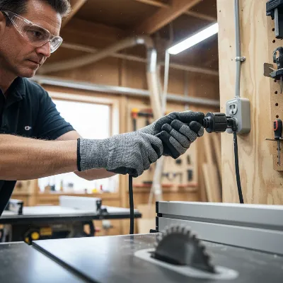 A woodworker wearing safety glasses and gloves, unplugging a table saw. The workspace is clean and well-lit.