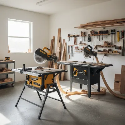 Various types of table saws in a modern woodworking shop, showing portable and stationary models