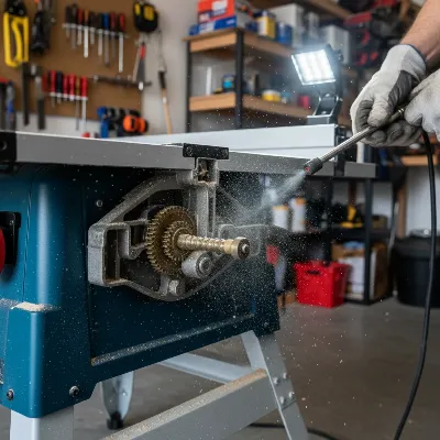 A person cleaning the underside of a Bosch worksite table saw to remove sawdust buildup from the blade adjustment mechanism