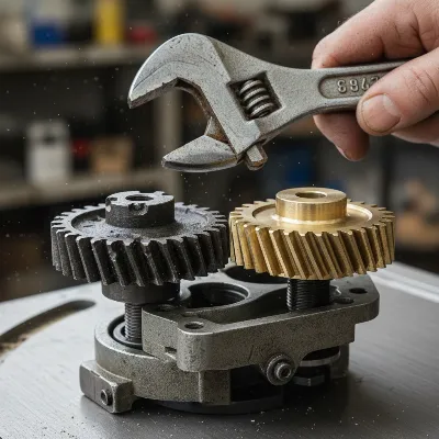 Close-up of a damaged table saw gear being replaced by a new one