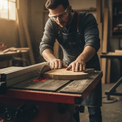 A woodworker performing a test cut on a scrap piece of wood with a newly sharpened table saw blade.