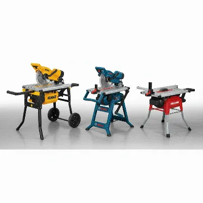 Three top-rated portable table saws with folding stands, including DeWalt, Bosch, and SKIL models, displayed side-by-side in a professional review setting.