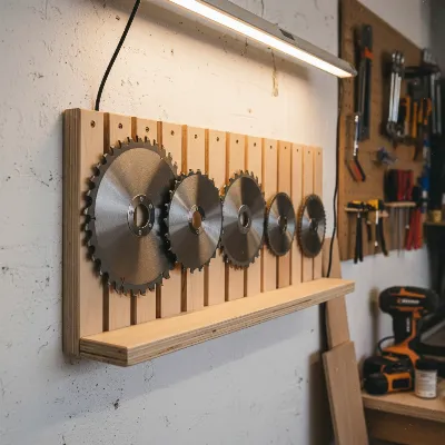 A DIY wooden table saw blade holder storing multiple blades vertically in individual slots.
